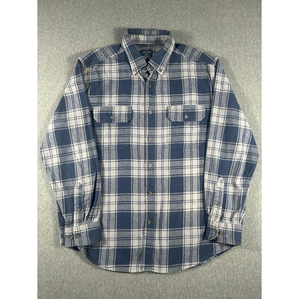 Faded Glory Men's Blue and White Plaid Cotton Flannel Long Sleeve Shirt Large